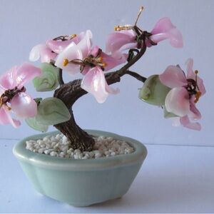 VTG Bonsai Tree Glass Jade PINK  Flowers Leaves Green Pot  6" Tall gorgeous